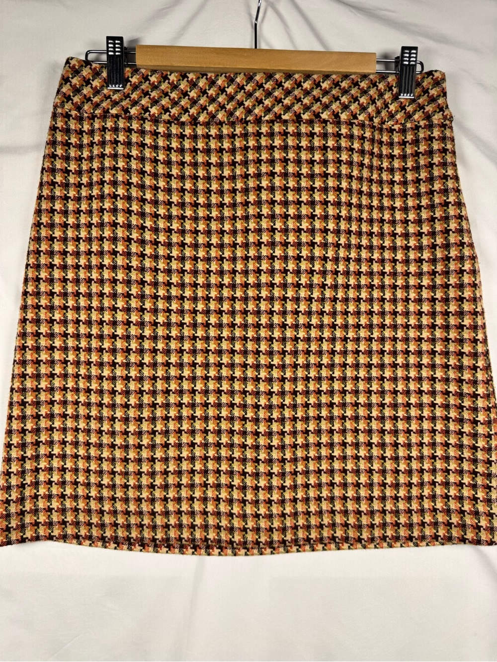 LOFT Houndstooth Tweed Wool Blend Skirt in Orange Burgundy Green Retro SZ 4 EUC